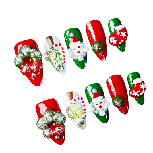 Handmade 3D Christmas Red-Green 3D Element Stiletto Press On Nails, Playful Rhinestone Festive Artisan Nails Set, Reusable Glossy Press-ons with Tool Kit (M)