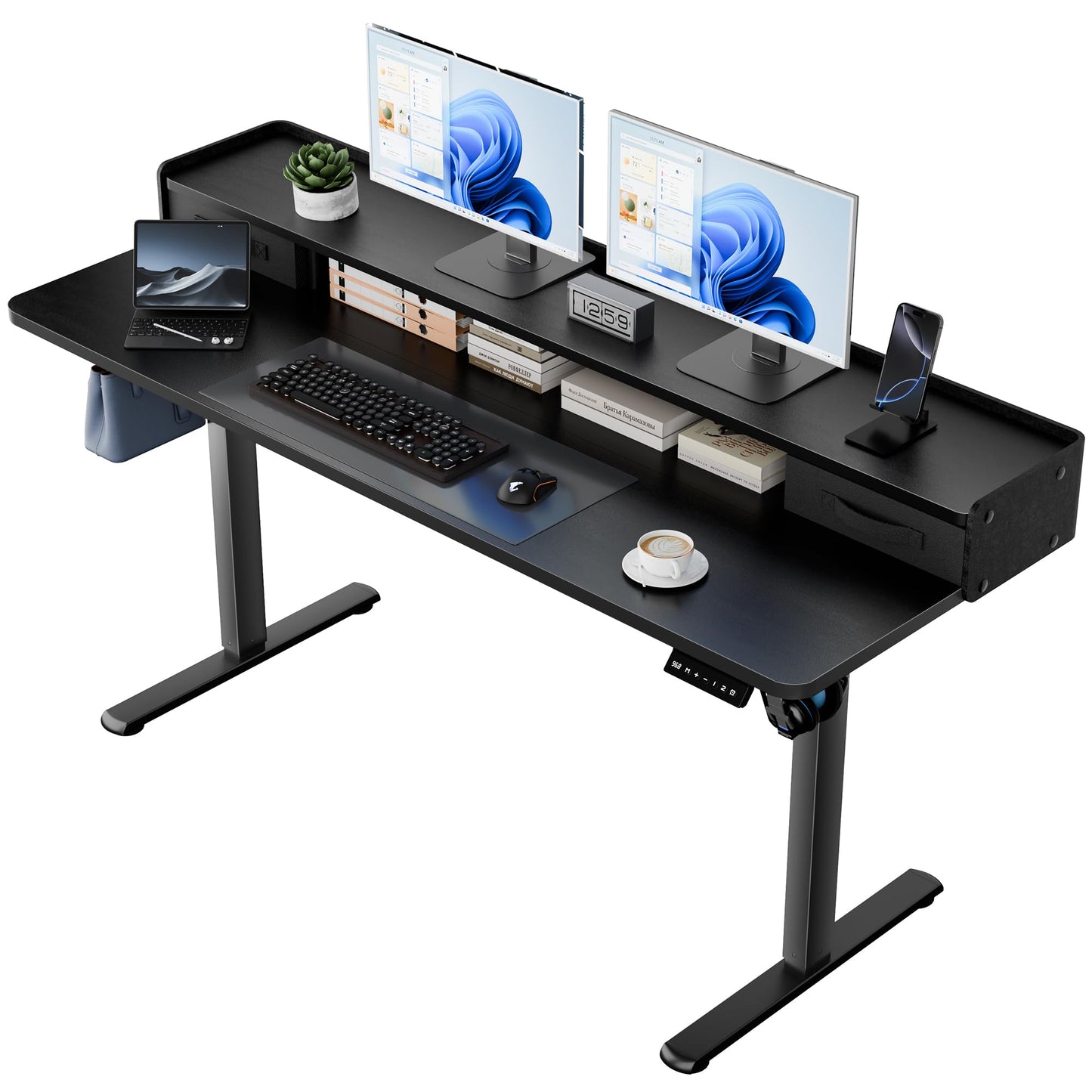 YESHOMY 63" x 23" Electric Standing Desk with 2 Drawers, Height Adjustable Computer Desk, Low Noise Home Office Stand Up Desk with 2 Preset Heights & 2 Hooks, Black