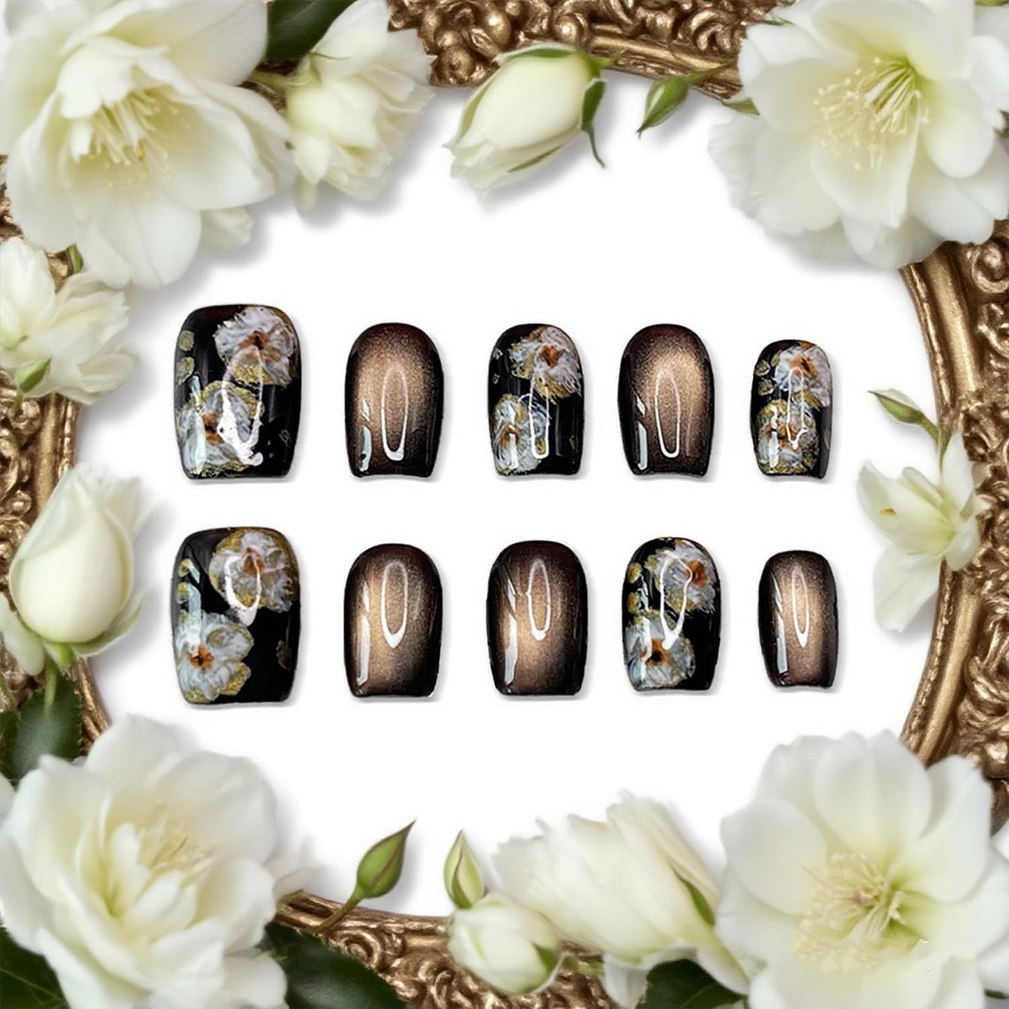 Handmade Press on Nails Short Square Fake Nails Press Ons Gold Brown Glitter Luxury Flower Full Cover Stick on Nails Glue on Nails for Women Girls Manicure (Floral Glitter S)