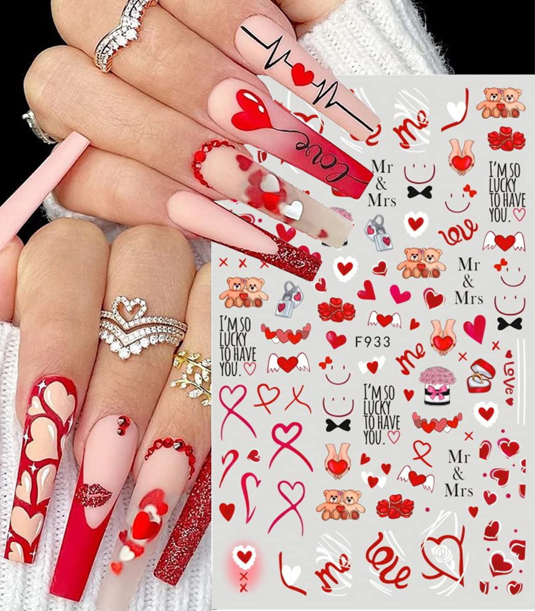 8 Sheets Valentine's Day Nail Art Stickers Decals,3D Self-Adhesive Nail Art Supplies Red Rose Lovers Lips Gnomes Designs Sticker Romantic Love Heart Manicure DIY Nail Decorations for Women Girls