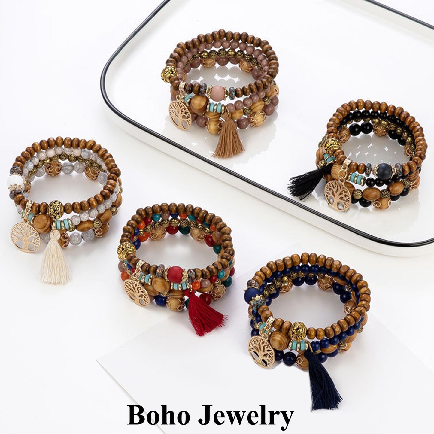Vesitim Stackable Stretch Bracelets for Women Tree of Life Bead Bracelet Blue Boho Jewelry