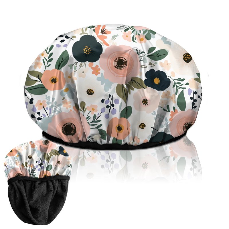 Deokke Luxury Shower Cap Terry Lined Elastic Triple Layer Waterproof Reusable Dry Hair Bathing Caps Aesthetic Cute for Women Girls-Flower