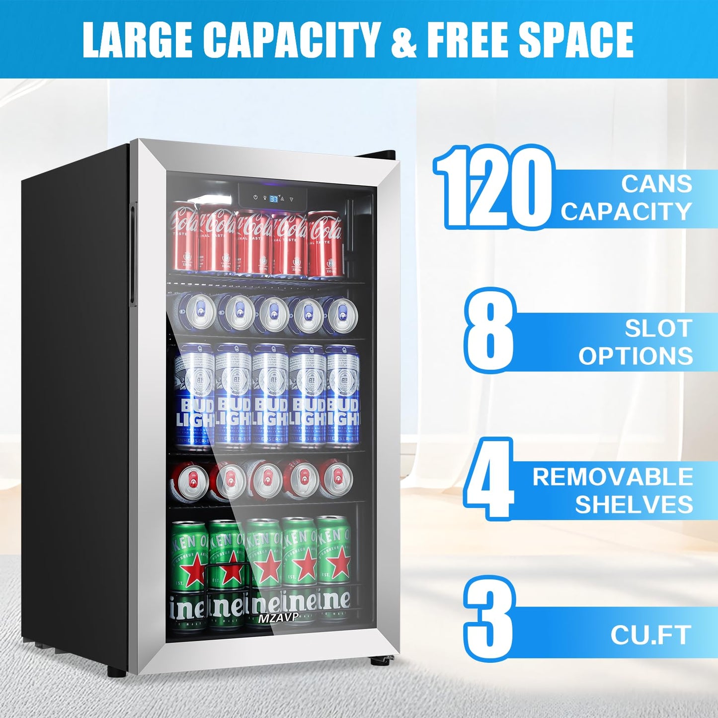 MZAVP Beverage Refrigerator Cooler, 120 Can Mini Fridge with Reversible Glass Door for Soda Beer, 3 Cu.Ft Drink Fridge with Digital Temperature Control & Adjustable Shelves - Silver