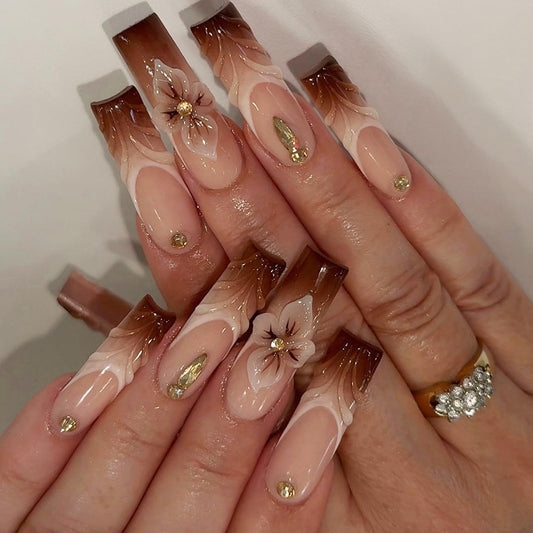 Octoswave Square Press on Nails Medium Fake Nails Brown French Artificial Nail Flowers and Embossed Stick on Nail for Women 24pcs