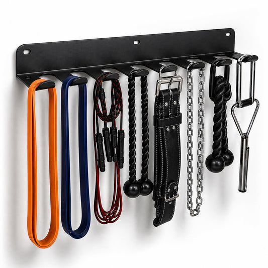 FizLig Gym Equipment Storage Rack - Multi-Purpose Home Gym Organization Storage Wall Mount for Resistance Bands, Jump Ropes, Lifting Belt, Chains, Barbells (16" / 8 Prongs)"