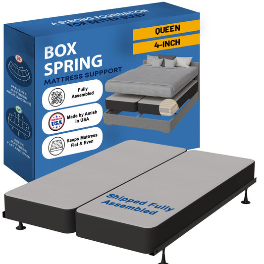Greaton, Box Spring Bed Base Queen Size, 4-Inch Wood Mattress Foundation – Amish Made in USA – Quiet Noise Free, 2-Pieces Under Mattress-Support BoxSpring, Fully Assembled, Gray