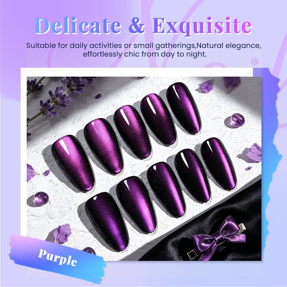 evpct Purple Cat Eye Chrome Press on Nails Almond Medium with Design, Purple Holographic Medium Almond Stick on Fake Nails for Women, Glossy Cat Eye Effect, Perfectly Fit Salon-quality Soft False Nail
