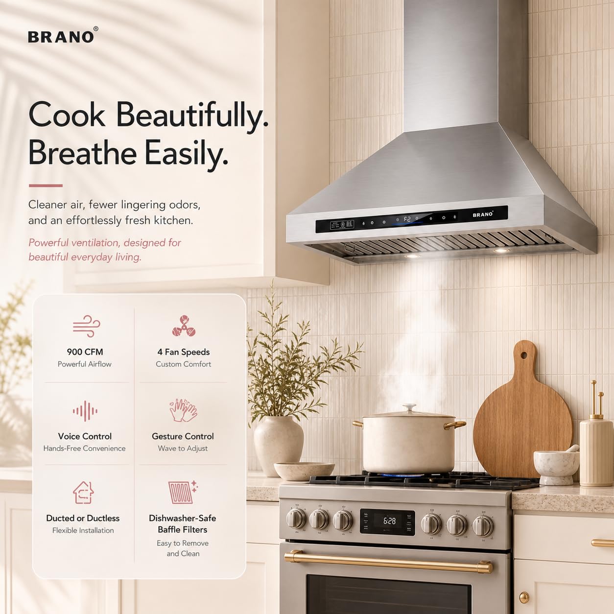 30 Inch Wall Mount Range Hood,900 CFM Kitchen Vent Hood,Kitchen Chimney Vent Stainless Steel with Voice Control/Gesture Sensing/Touch Control Switch Panel, 2 Pcs Adjustable Lights