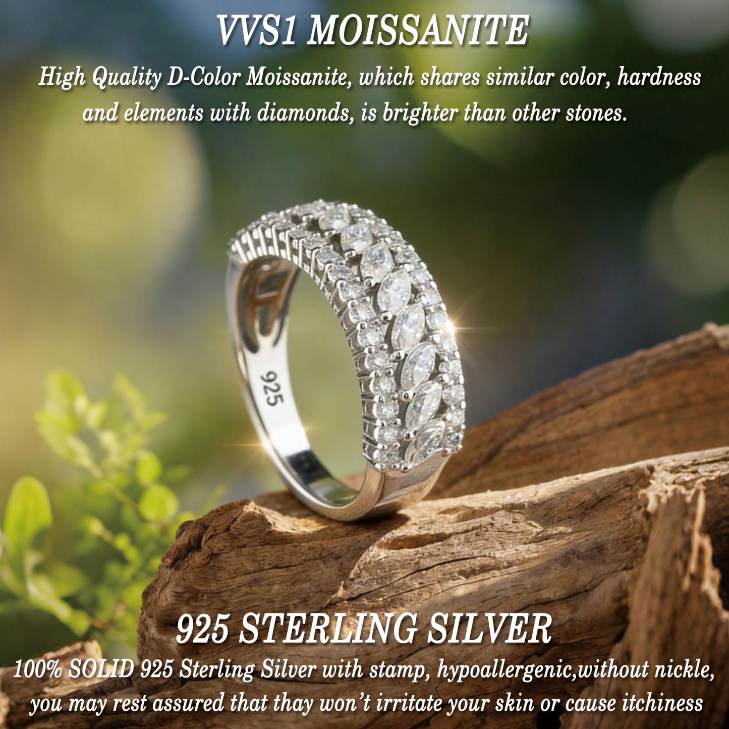 Heinlov D Color VVS1 Moissanite Wedding Bands for Women 925 Sterling Silver Womens Wedding Ring Marquise Eternity Engagement Size 6