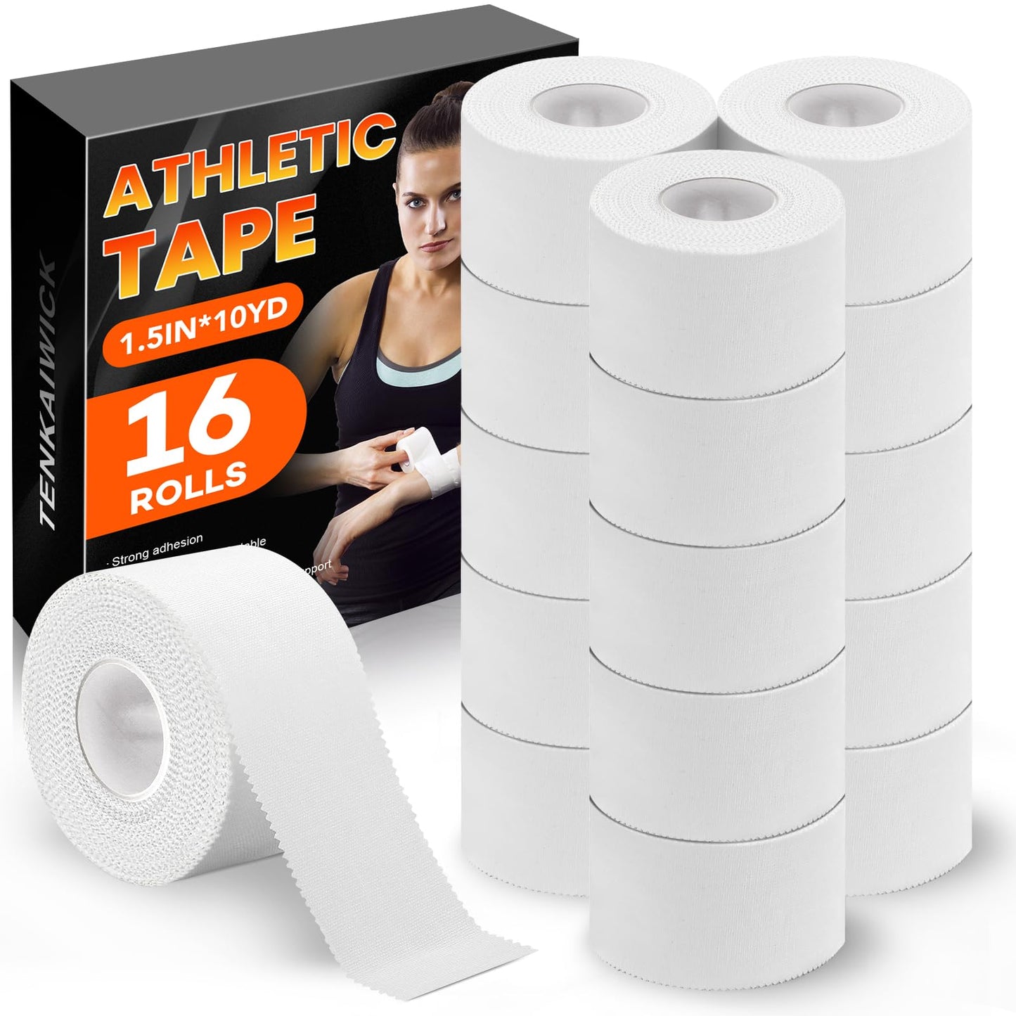 16 Pack Athletic Tape, White Sports Tape for Wrist Ankle Protection, Sports Tape Athletic No Sticky Residue, Easy to Tear Gymnastics Tape for Soccer, Football, Training Supplies (1.5" x 160 Yards)"