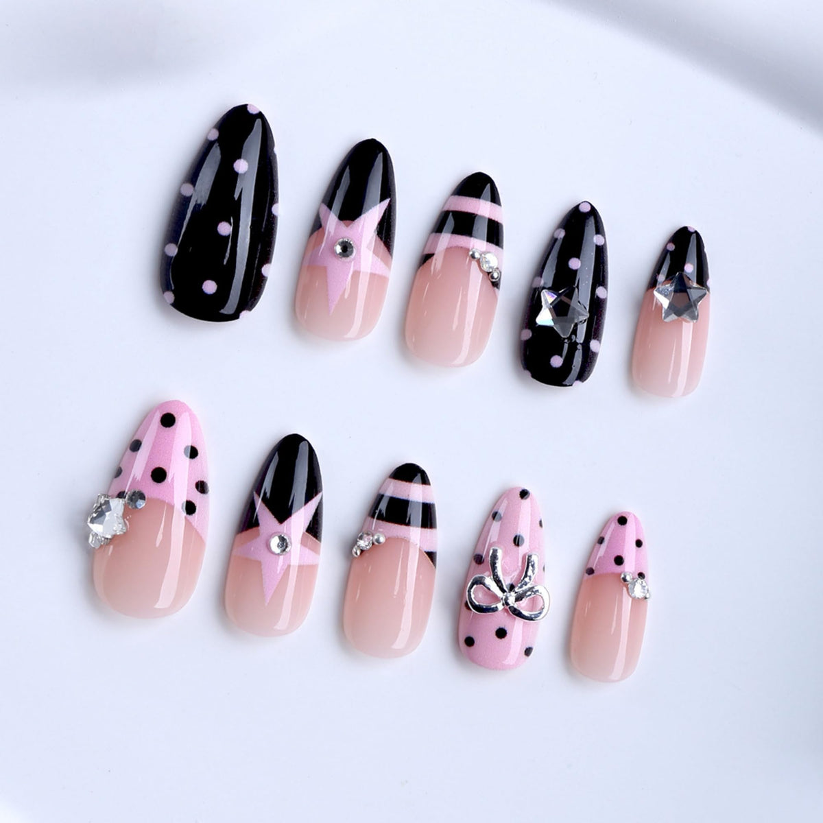 OCTOSWAVE Pink and Black Press on Nails Long Almond - Y2K Star Design Fake Nails with 3D Bow & Rhinestones - 24 Pcs Glossy Glue on Nails, Salon-Style DIY Manicure Kit for Women and Girls