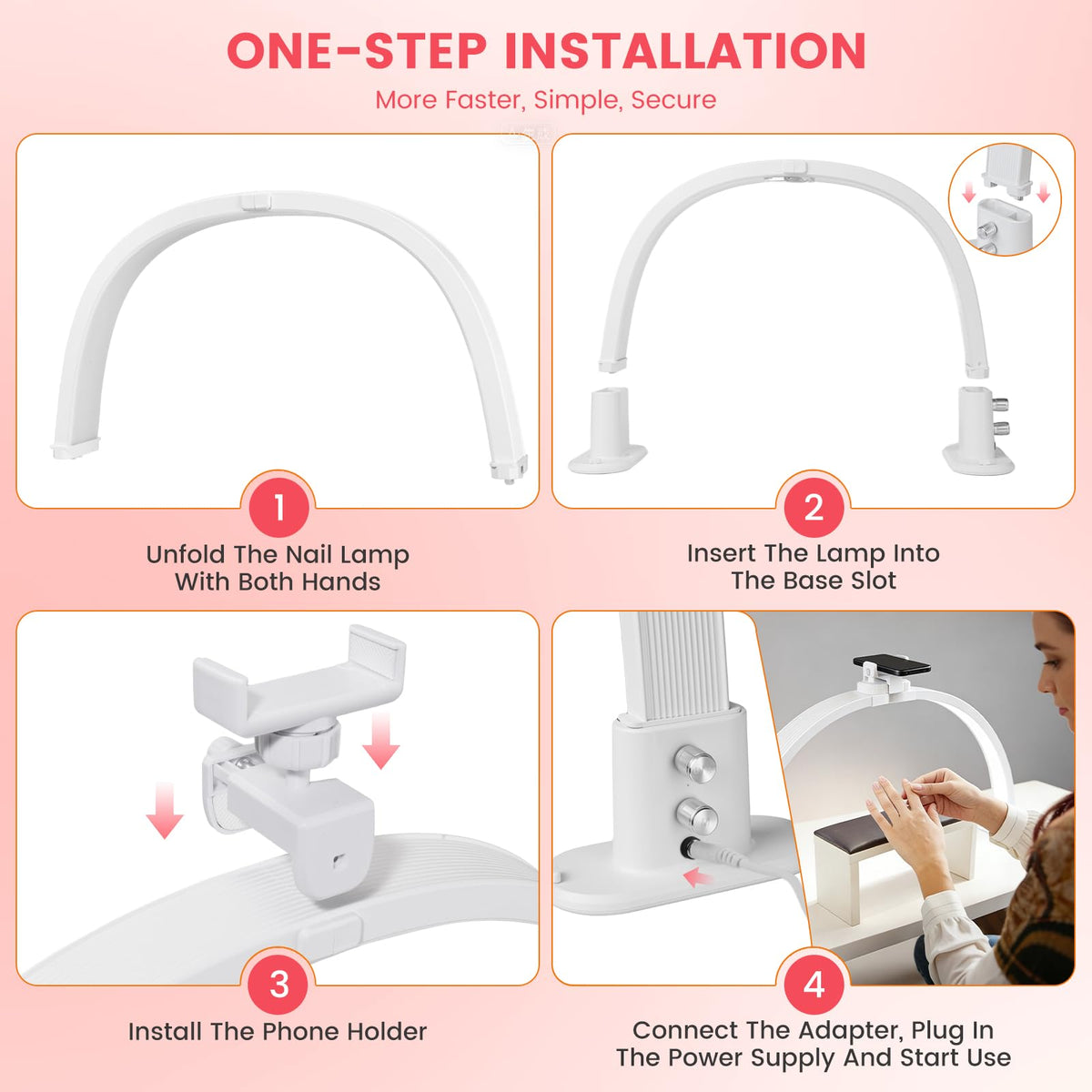 Rosiour Half Moon Light for Nail Desk: 18.5" Half Moon Nail Tech Light with Phone Holder -Shadow-Free Arch Nail Table Lamp with with 3 Color Modes & 10 Brightness for Manicure Salon (White, 18inch)