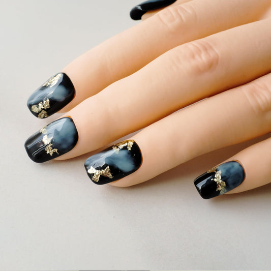 [GLORS] Short Square Press On Nails, Black and Blue with Gold Glitter Accents, 10 Pieces (Small, SS)