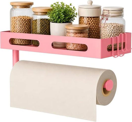 Paper Towel Holder Wall Mount with Shelf, Easy One Hand Tear, Adhesive Glue or Drill Mount Hanging Paper Towel Holder with Shelf for Kitchen/Bathroom/RV, Pink Metal, 4 Hooks