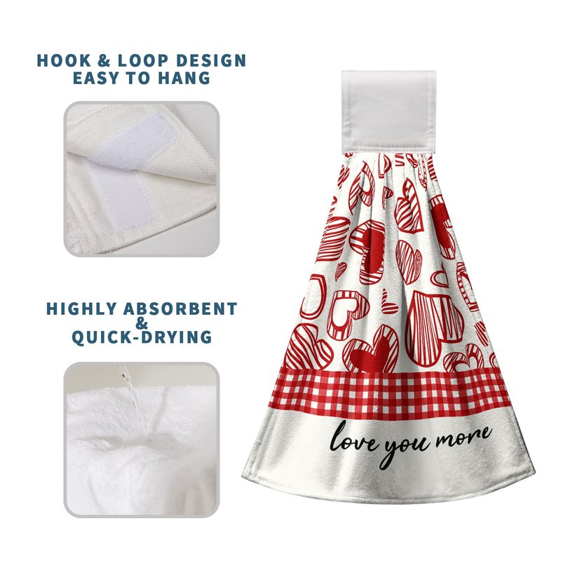 Kwlegh Valentines Day Hanging Kitchen Towels Set of 2 Valentine Red Heart Buffalo Plaid Hand Towels with Hanging Loops Seasonal Sweet Holiday Fingertip Oven Towels hanging Soft Absorbent Bar Tie Towel
