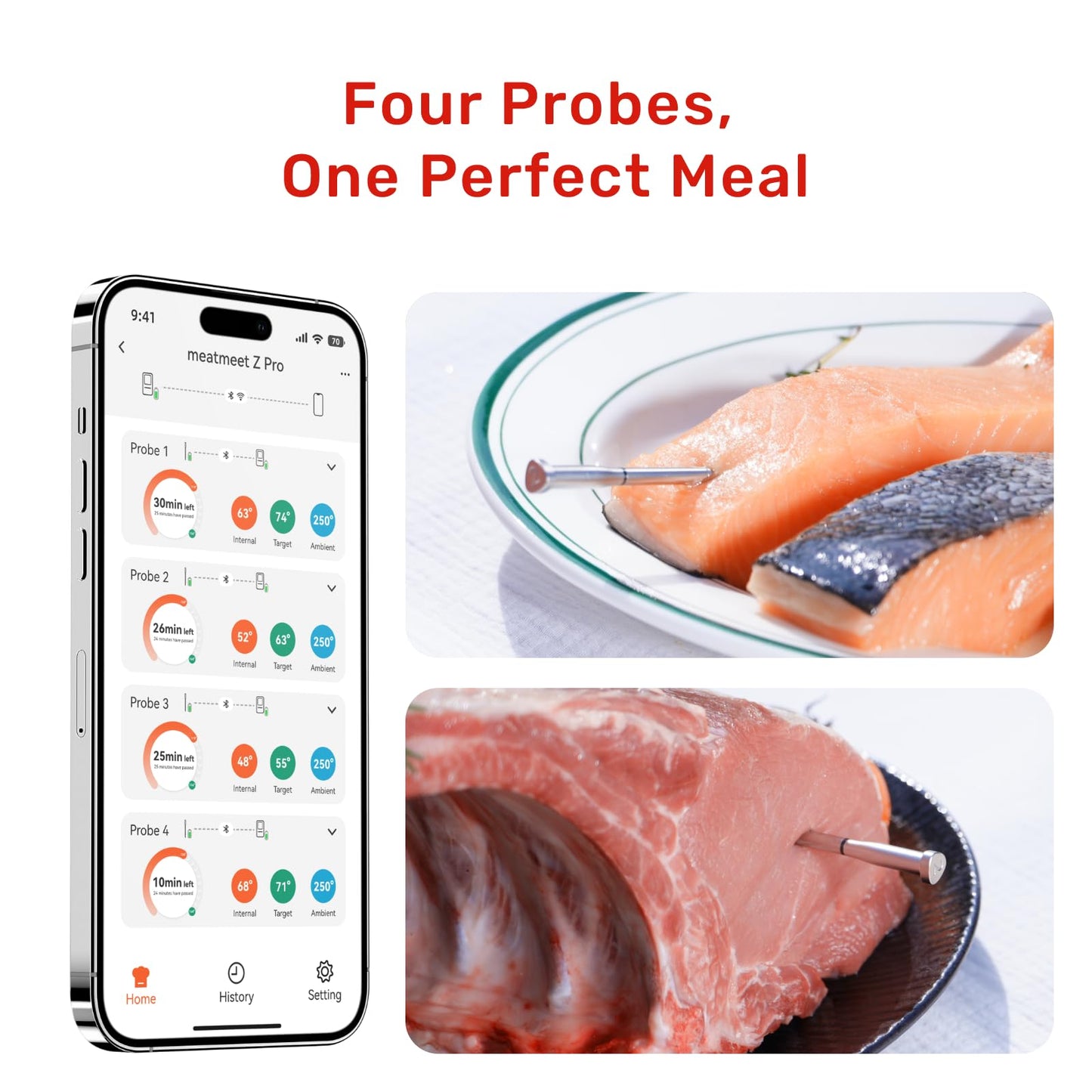 Meatmeet Z Pro Wireless Bluetooth Meat Thermometer, Standalone Base, WiFi Unlimited Range, 1080 Heat Resistance, ± 0.18°F Accuracy, 1 Probe with 6 Sensors for Kitchen, BBQ, Grill, Oven, Smoker