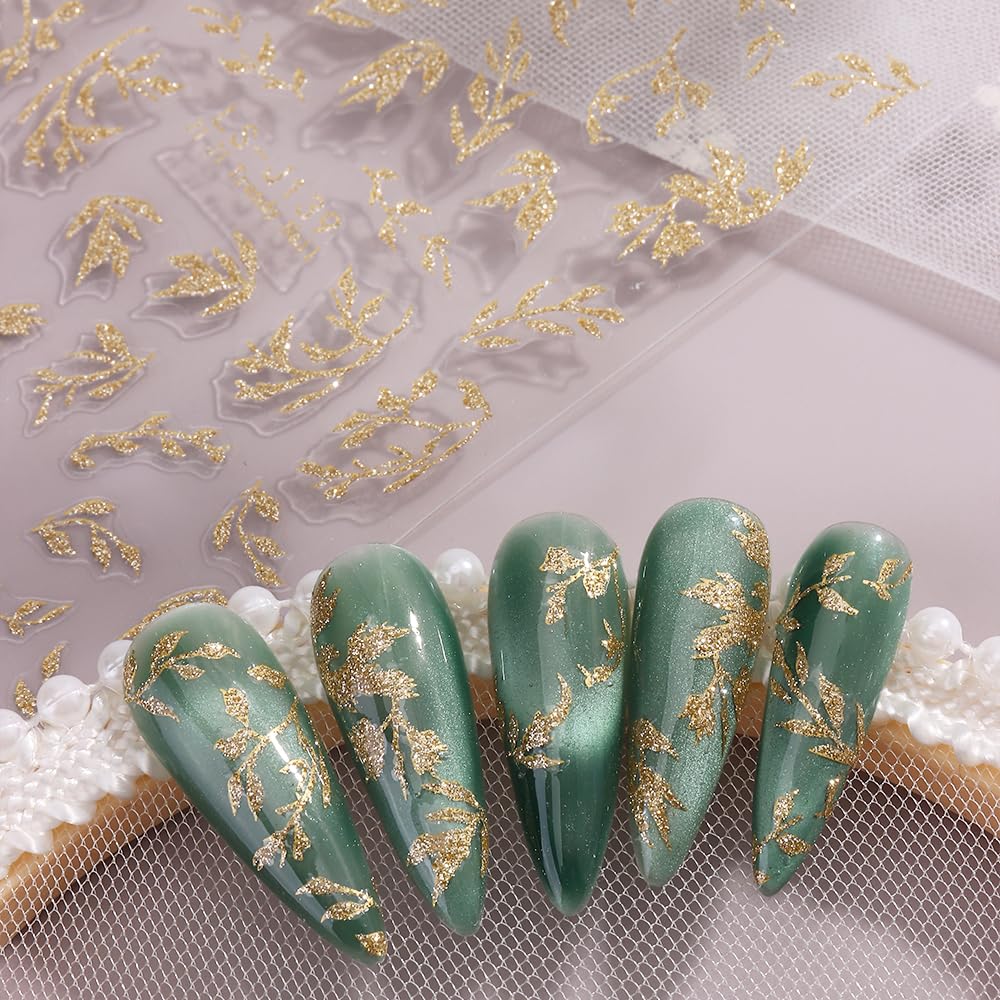SIMAYKUWA New Chinese Style Nail Stickers - Gold Foil Glitter Golden Branches Jade Leaves Design, Self-Adhesive Nail Art Decals A Set of 1 Sheets