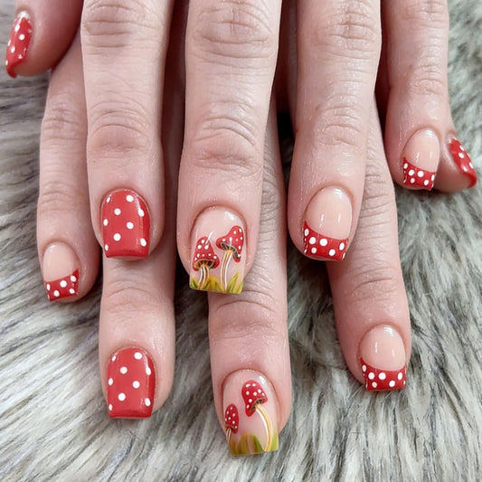 Red Press on Nail Short Square Fake Nails Full Cover Red with Polka Dot Stick on Nail French Tip Press ones Glossy Mushroom Pattern Cute Acrylic Nails Reusable Manicure For Women Nail Supplies24pcs