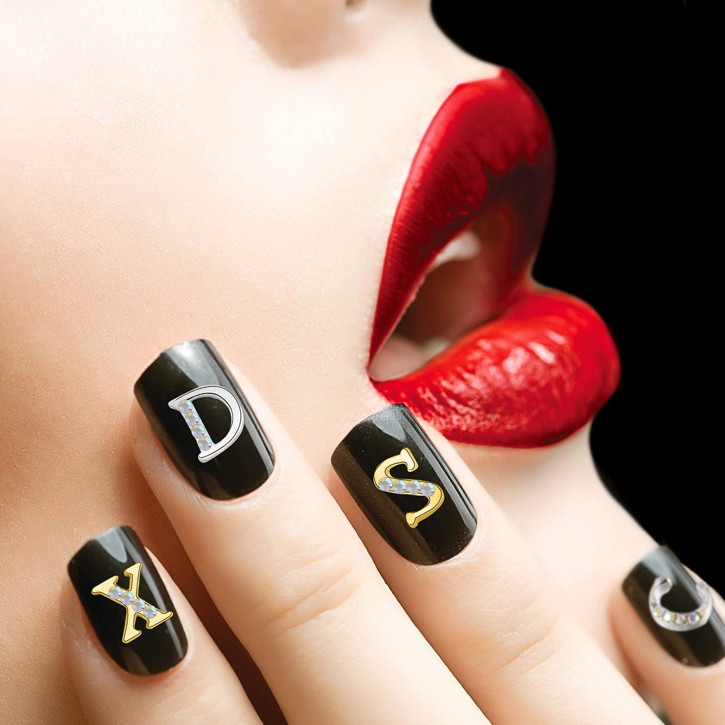 Maitys 104 Pcs Gold Silver Letter Nail Charms 3D Capital Charms Studs Letters and Rhinestone Crystal Nail Decals English Alphabet Fingernail Art Decoration for Women Female DIY Fingernail Art