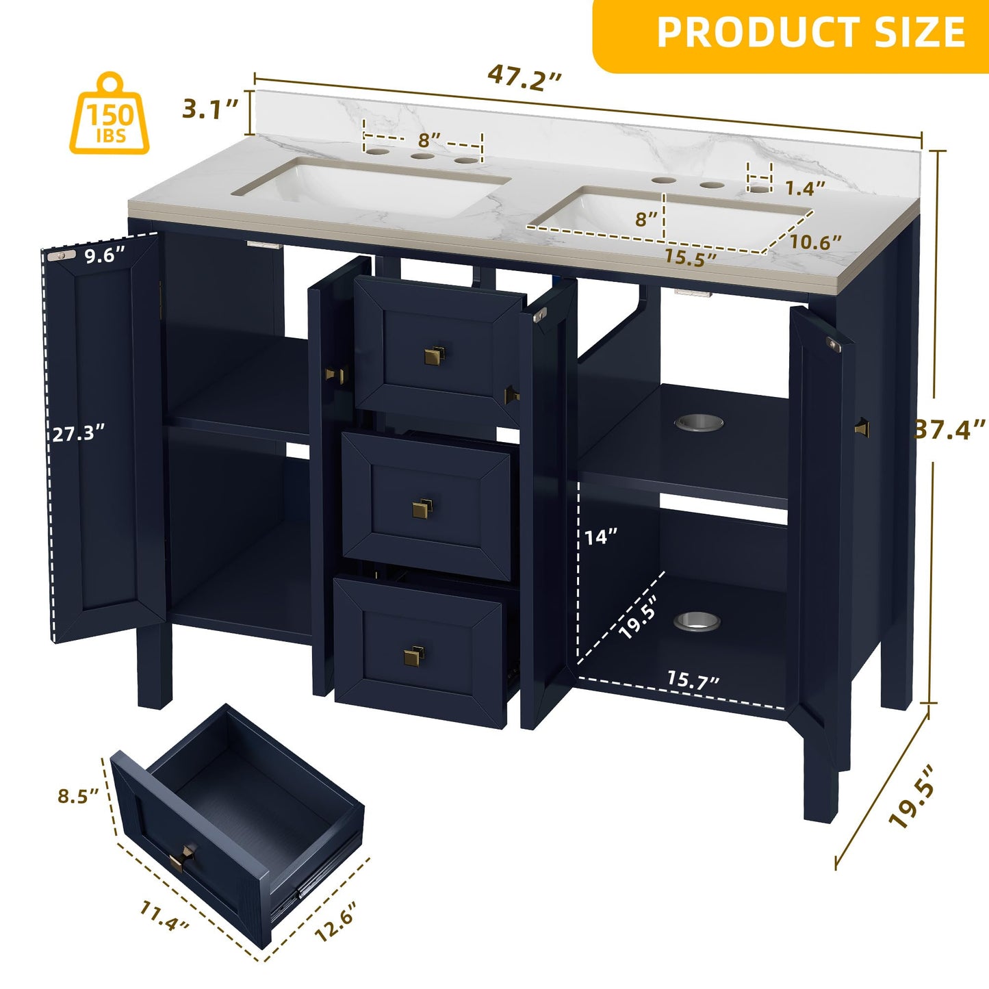 DWVO 47 Inch Bathroom Vanity with Double Sink, Retro Bathroom Storage Cabinet with Sintered Stone Countertop, Six Holes, 4 Doors & 3 Drawers
