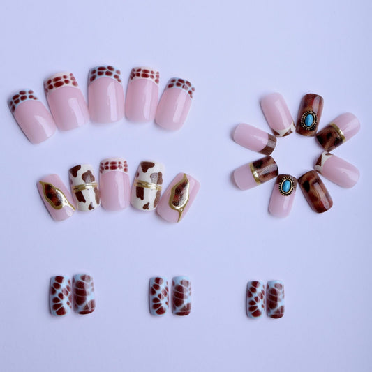octoswave Short Square Press on Nails Western Cow Print Tortoise Shell False Nails with Turquoise Rhinestones Stick on Artificial Acrylic Manicure for Women DIY Manicure and Party 24Pcs