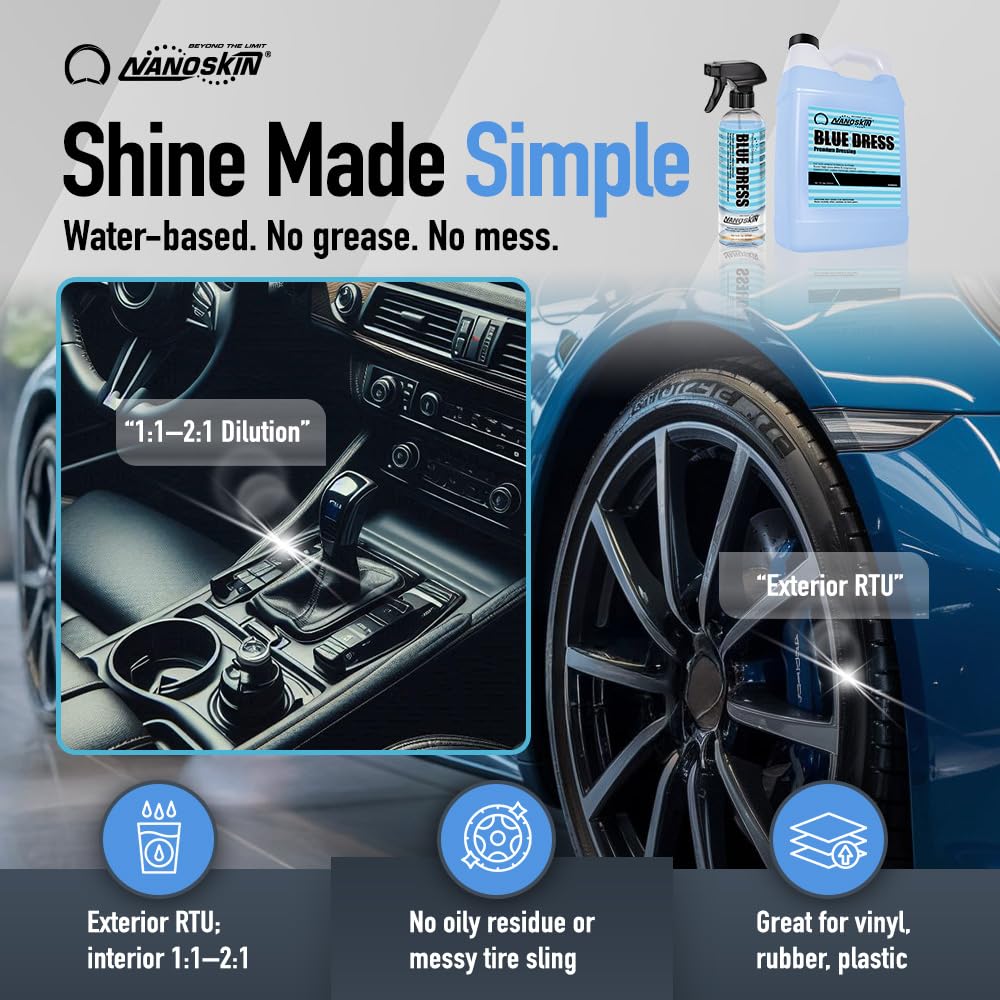 Nanoskin BLUE DRESS Premium Dressing 30 Gallons- Sprayable Interior & Exterior Dressing for Car Detailing | Works on Tire, Vinyl, Rubber, Plastic & Trim| Safe for Cars, Trucks, Motorcycles, RVs & More