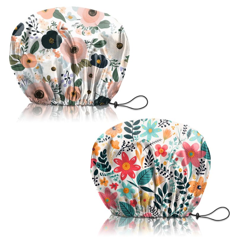 Deokke 2 PCS Shower Cap Reusable Waterproof Adjustable Double Layer Elastic Dry Hair Bathing Caps Aesthetic Cute for Women Girls-Pink Flower