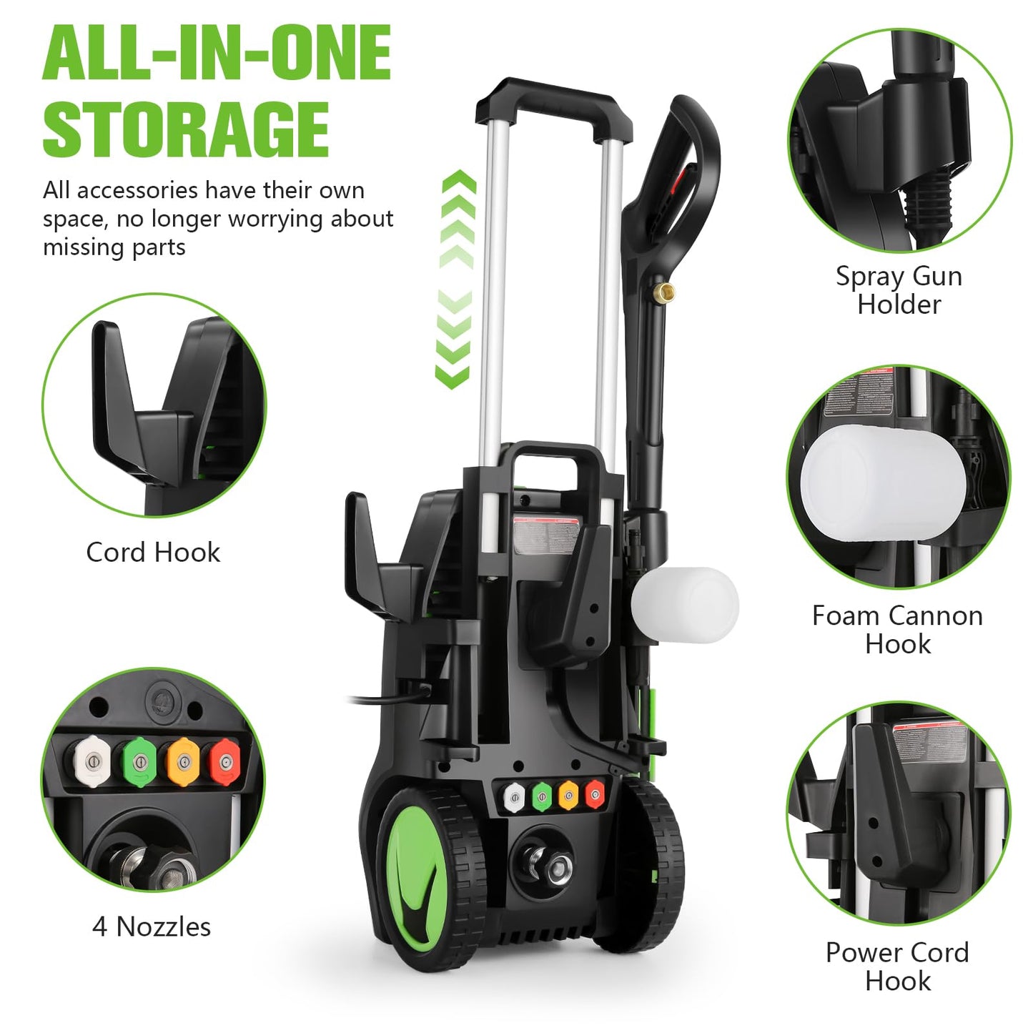 5000PSI 4.0GPM Heavy Duty Electric Pressure Washer with 33 FT Extension Hose, 4 Quick Connect Nozzles and Foam Cannon for Cars/Fences/Driveways/Patios/Home Cleaning, Green