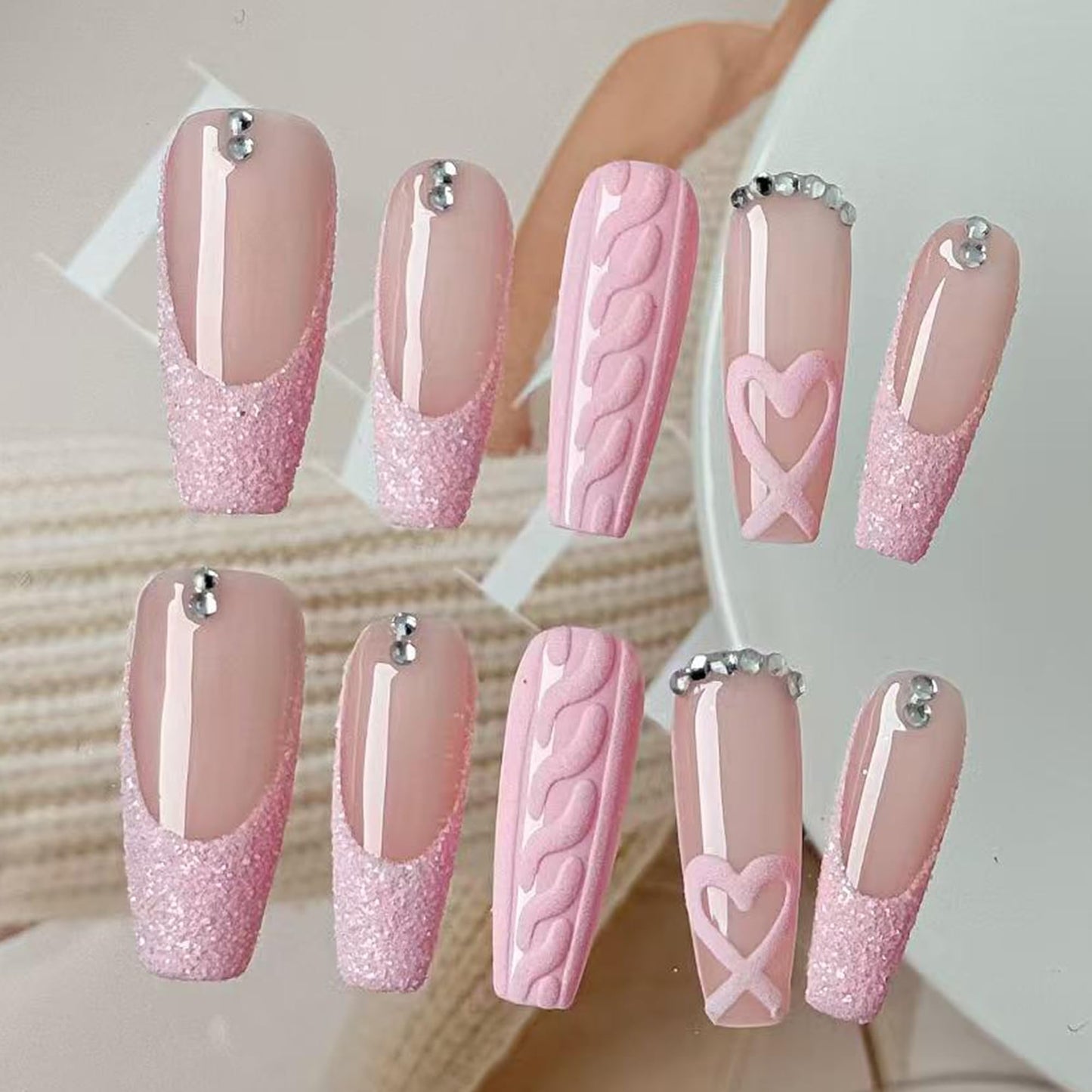 Press On Nails Pink Sweet Knit Series - Reusable False Nails with Knit Texture, Heart Design & Glitter Accents, Cute Elegant Acrylic Fake Nails for Women Daily Wear Dates Gifting (XS)