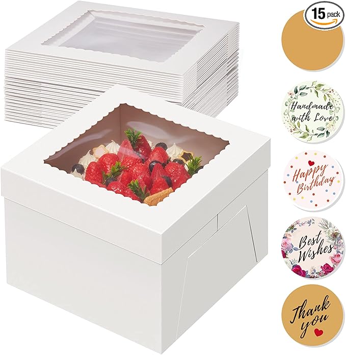 Kootek 15pcs Cake Boxes, 10x10x8 Inches Tall Cake Box with Window, White Bakery Boxes, Large Baking Boxes, Square Cardboard Cake Box for Multi-Layer Cakes, Cake Decorating Supplies for Gift Giving
