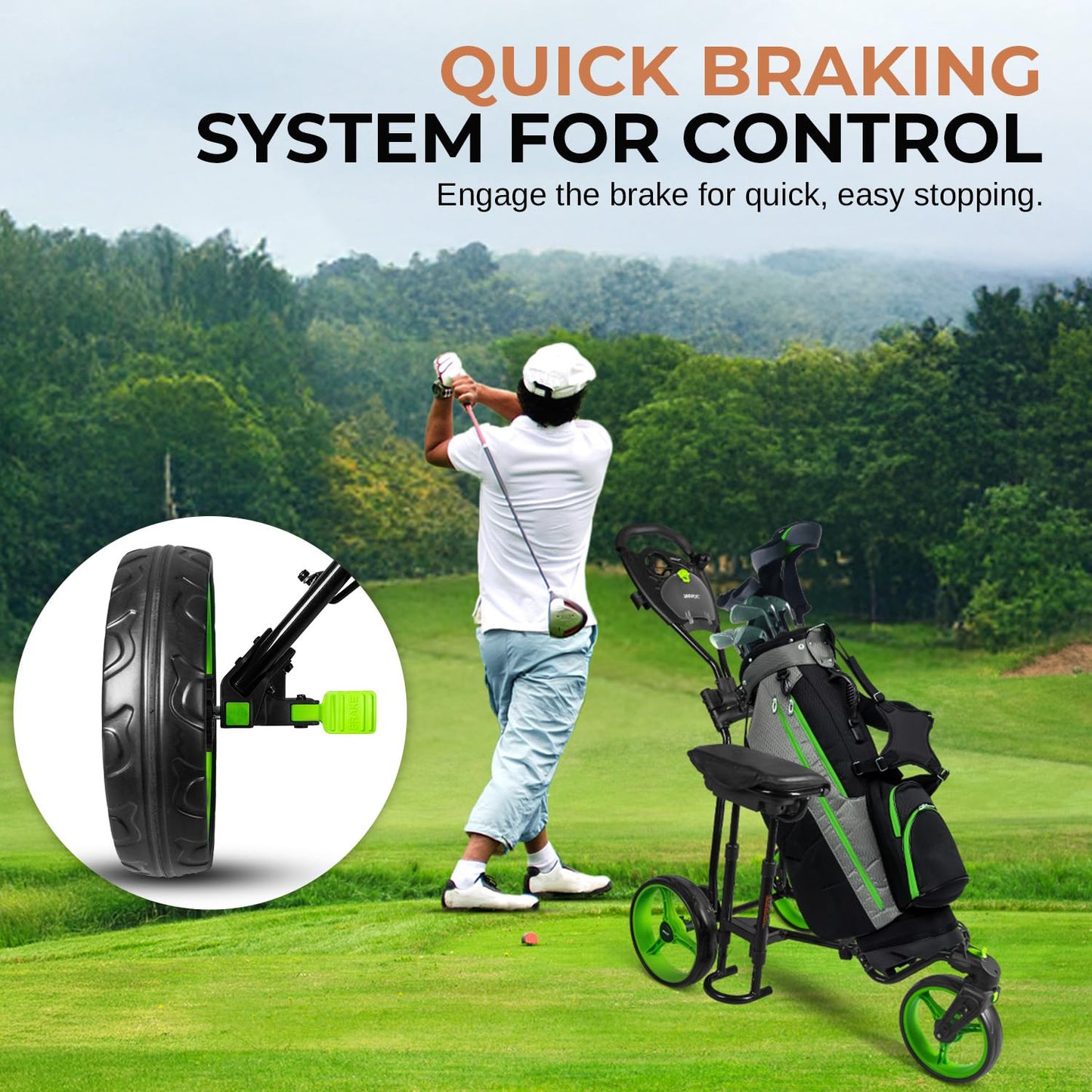 JOVIAL Golf Push Cart 3 Wheel - Lightweight Steel Frame Foldable Golf Bag Cart with Padded Adjustable Handle, Quick Brake System, Deluxe Scorecard Holder, Patented Bag Holder for Different Terrain