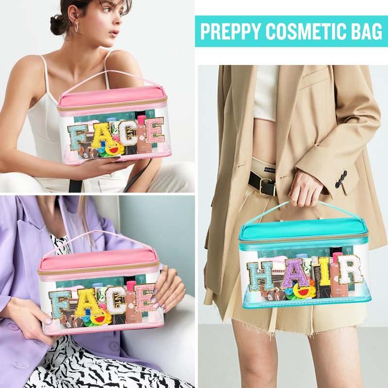 2 Pcs Chenille Letter Clear Makeup Bags FaceHair Pouch, Preppy Patch Travel Face Bag Zipper with Handle, Travel Hair Bags for Hair Stuff Waterproof Cosmetic Toiletry Storage for Women Girl(HAIR+FACE)