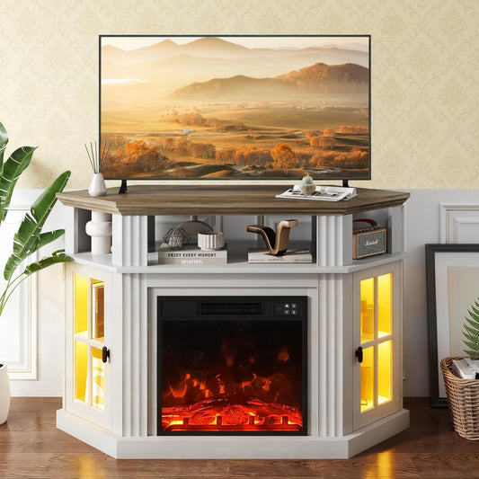 YESHOMY LED Corner Fireplace TV Stand with Mood Lighting, for TVs up to 55" with Storage Cabinets, Entertainment Center, Media Console for Living Room, Bedroom, White