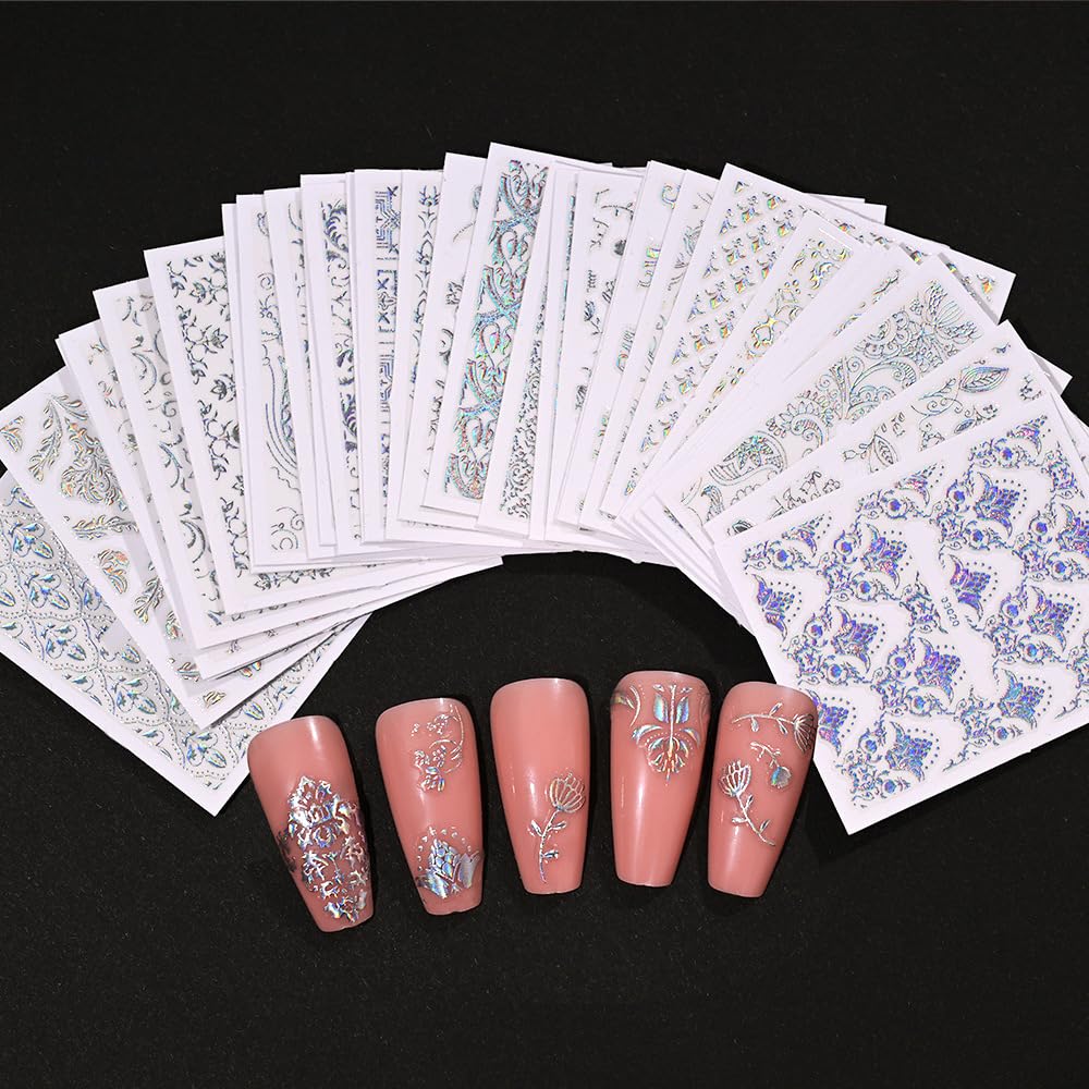 WEIXIWUYU Laser Silver Hollow Retro Floral Vine Nail Art Stickers Laser Silver Lace Design Nail Supplies 3D Self-Adhesive Nail Stickers for Women Girls DIY Manicure Slider Decorations 30 Sheets