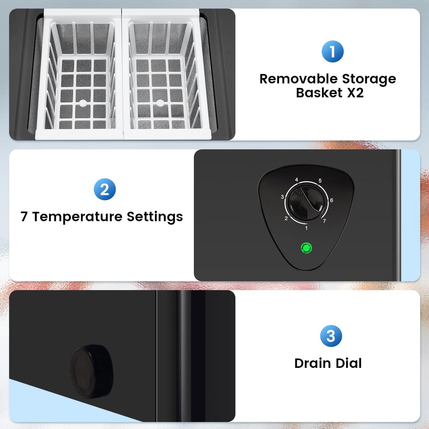 Compact 2.2 Cu.Ft Wanai Chest Freezer with 2 Removable Baskets, Mini Deep Freezer Adjustable 7 Thermostat with Top-Open Door for Home Kitchen, Black