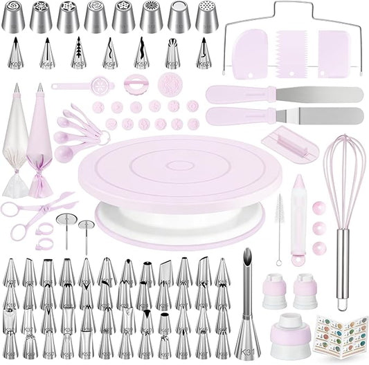 Kootek 158PCs Cake Decorating Kit, Baking Supplies Tools - Includes Cake Stand Turntable, 64 Icing Piping Tips Set, 2 Frosting Spatulas, 3 Scrapers, 50+2 Pastry Bags, Coupler, Video Tutorial, Booklet