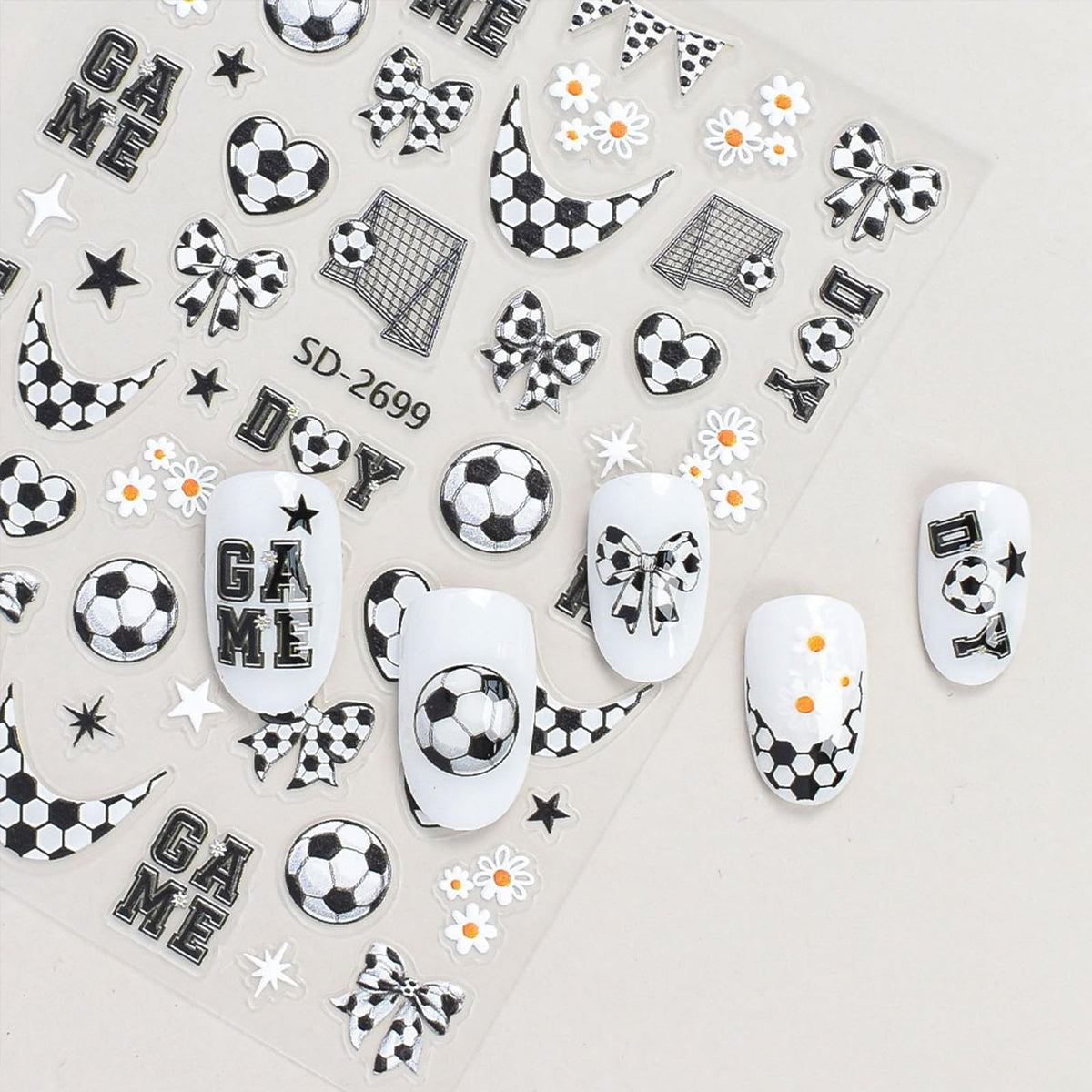 Football Nail Stickers World Cup Nail Stickers for Nail Art Black White Nails Decals with Flower Design Nails Charms Supply for Women Manicure Decoration Accessories