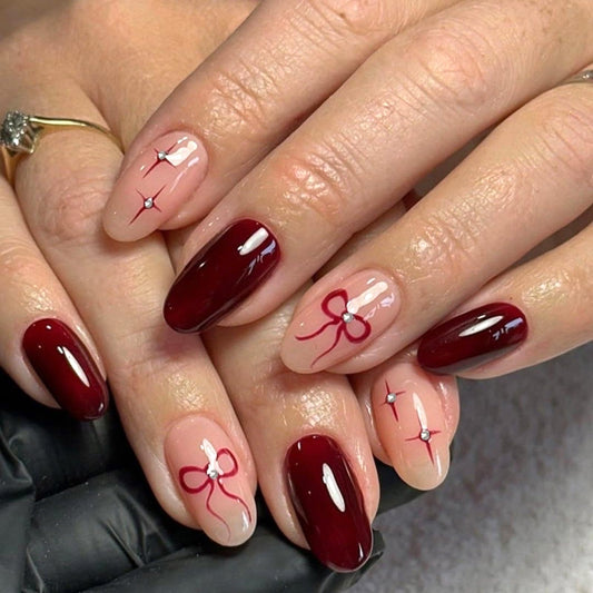 Mivota Soft Gel Press On Nails Medium Almond – Burgundy Ribbon Nude Nail Art, Reusable Luxury Glue-On Nails with Hand-Painted Bow Design, 24PCS Salon-Quality Stick On Nails for Women