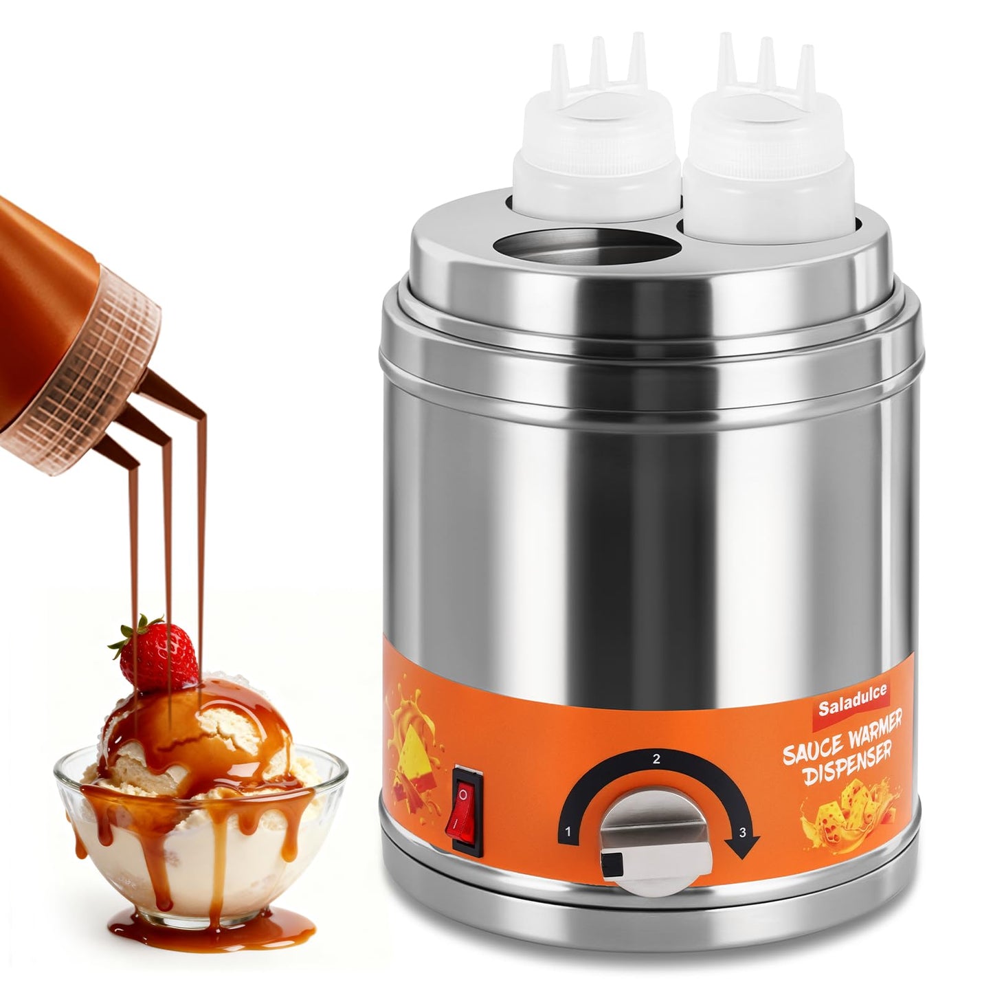 Electric Sauce Warmer Dispenser Commercial Cheese Sauce Bottles Warmer Hot Fudge Warmer Dispenser 3-Bottles Warmer for Cheese Sauce Hot Chocolate Fudge Caramel 86-185℉ 110V