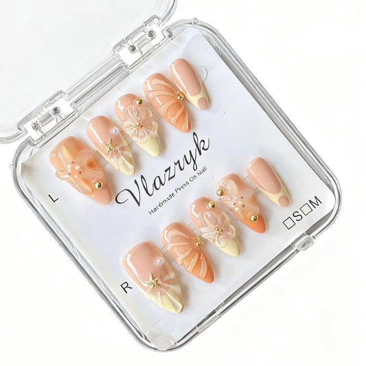 Handmade Press On Nails, Medium Almond Fake Nails with 3D Flowers & Metal Charms, Reusable Full Cover Acrylic Nails,Luxury Orange-Yellow Gradient French Tips for Women.(10PCS，M)