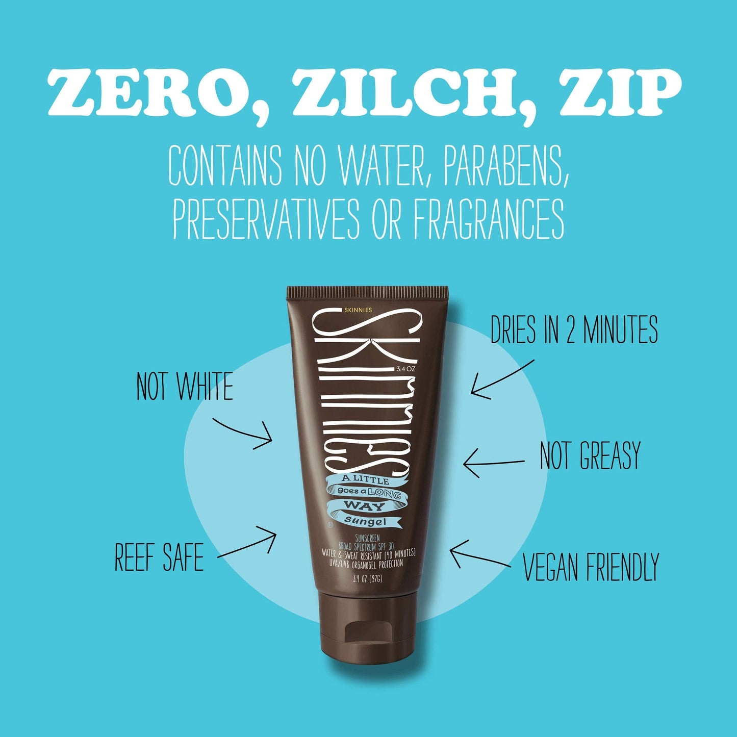 Skinnies Sungel New Formula SPF30 Eco Sunscreen, 3.4oz UVA UVB, Not Diluted With Water, Reef Safe, Vegan, Use Pea Size Blob
