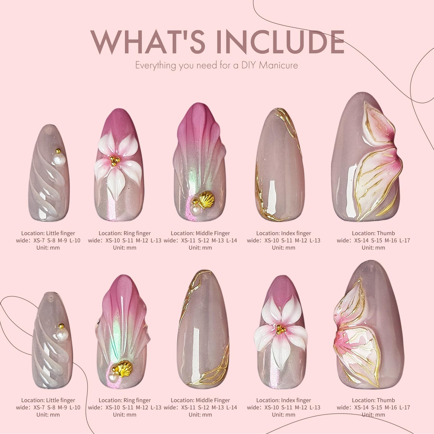 10 Pcs Press On Nails 3D Floral Pink Yellow Gradient Aurora Petal Gold Accent Soft Glam Artistic Fake Nails, Acrylic/UV Gel Romantic Summer Blossom Pastel Iridescent Wearable Nails (Multicolor, M)