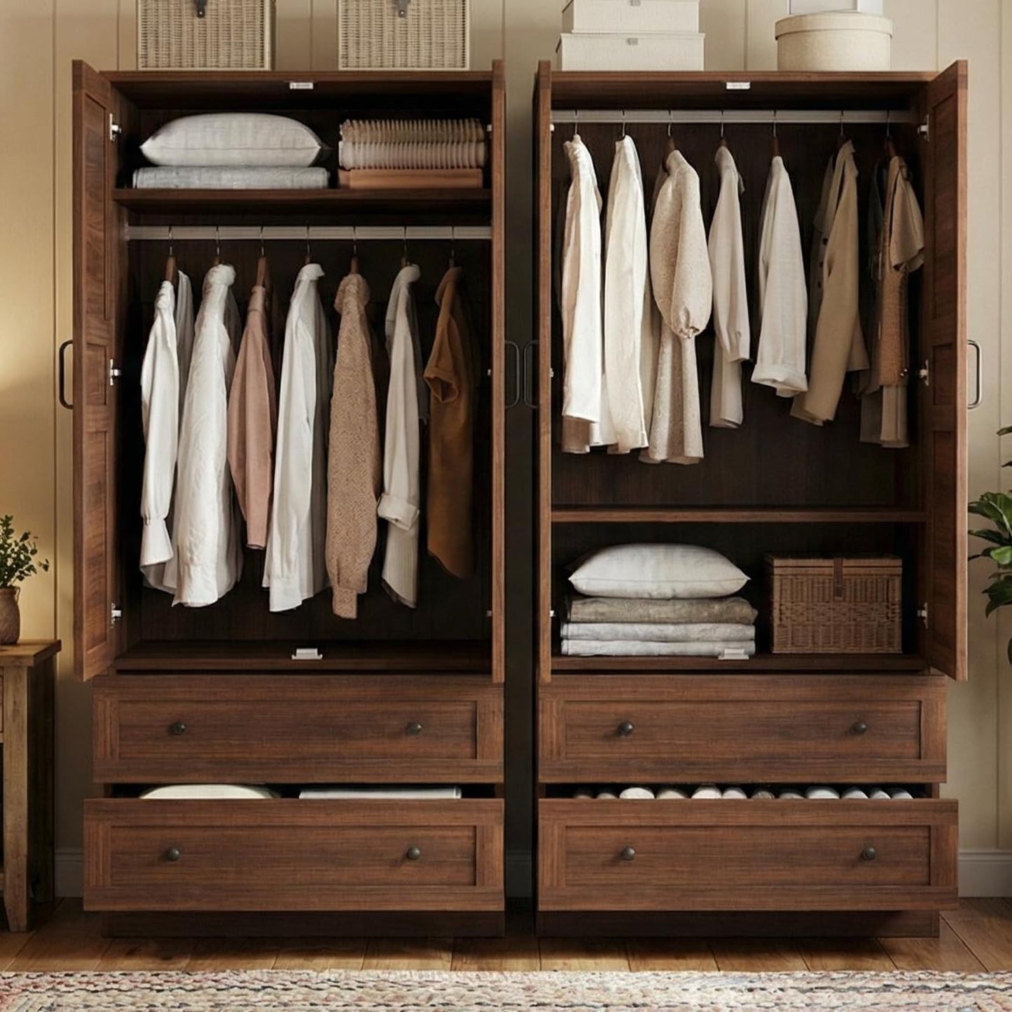 IDEALHOUSE Armoire Wardrobe Closet with 2 Drawers, 72" Tall Wooden Clothing Wardrobe with Hanging Rod & DIY Adjustable Shelf, Heavy Duty Bedroom Armoire Storage Cabinet with Doors, Walnut