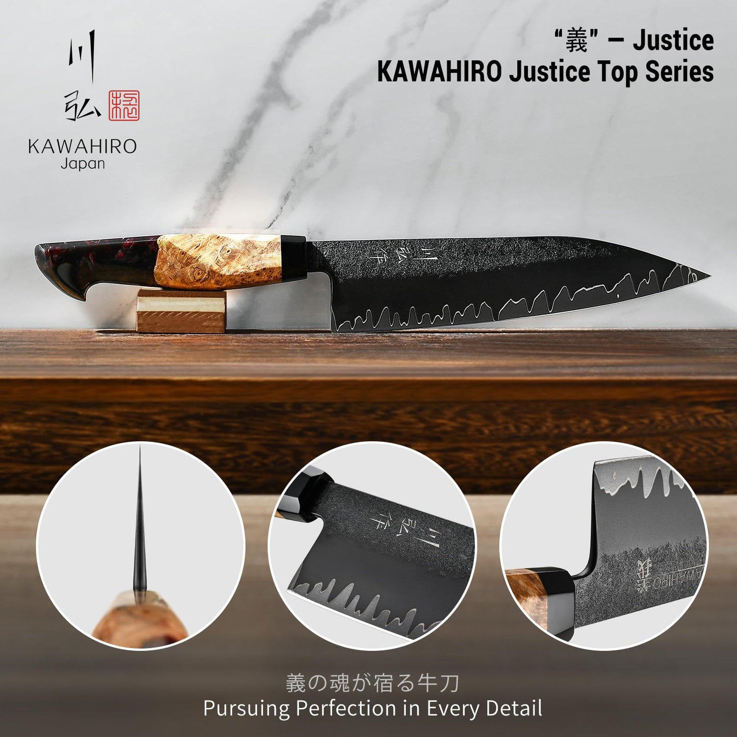 Japanese Blackened Gyuto Chef Knife, 8 Inch Hand Forged Tri-Ply SG2 Powder Steel Kitchen Knives, Professional Japan Chefs Knife with Luxurious Stabilized Wood Ergonomic Handle, Best Cooking Gifts