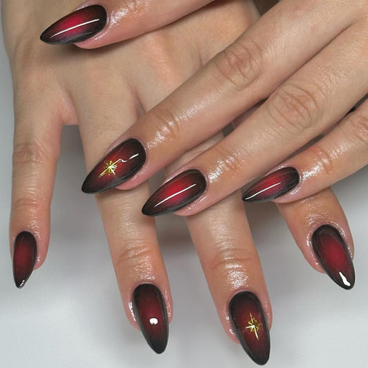 Medium Press on Nails Almond Fake Nails Red Artificial Nail Gold Charm Stick on Nail for Women 24pcs