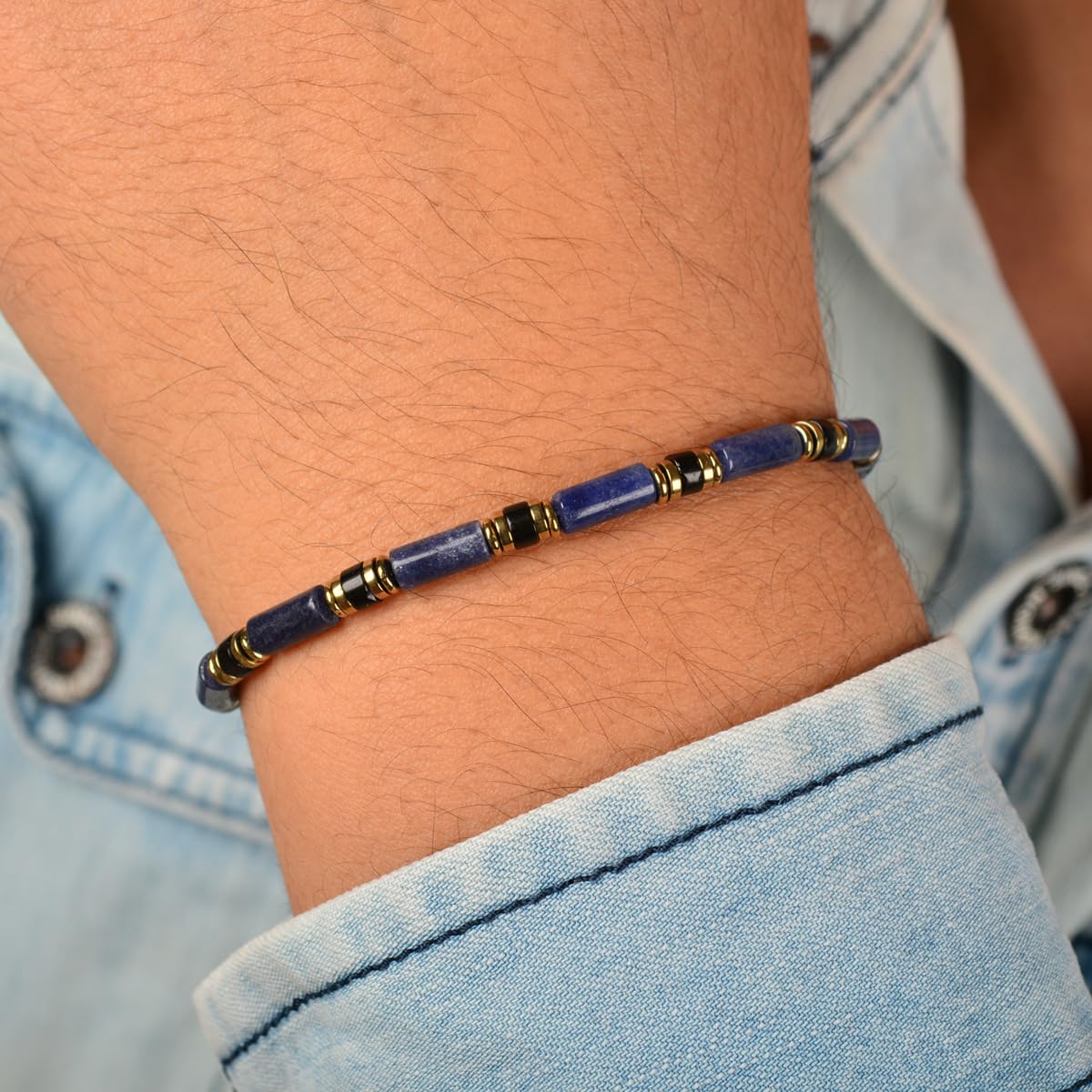 Casvia Men's Indigo Blue Stone Beaded Bracelet, Obsidian & Hematite, Stainless Steel Dual-Clasp, Adjustable, Durable Daily Wear, Azure Veil, Ideal Gift for Men Dad Boyfriend Son