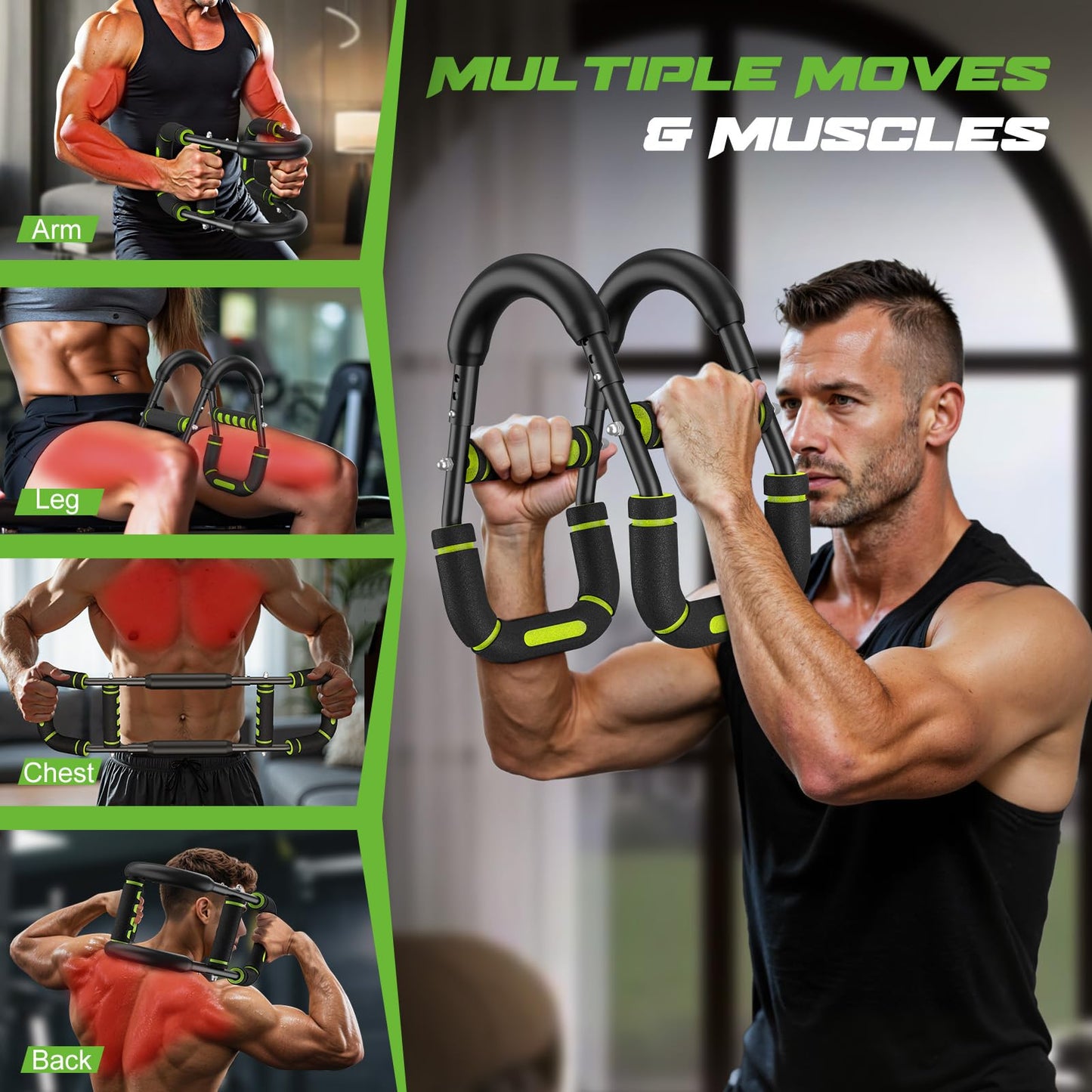 Vanlgs Twister Arm Trainer for Men, Chest Workout Equipment 5-Level Adjustable (40-130lb) with Ergonomic 27° Targets Biceps/Clip/Thigh, Portable Exerciser for Home Gym Travel Fitness, Green