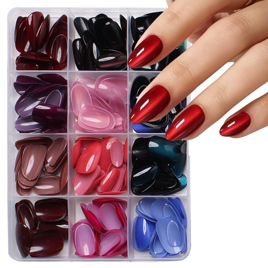288Pcs Cat Eye Press on Nails Short Almond Fake Nails 12 Color Glitter False Nails Shiny Acrylic Glossy Glue on Nails Gradient Stick on Nail for Women Manicure