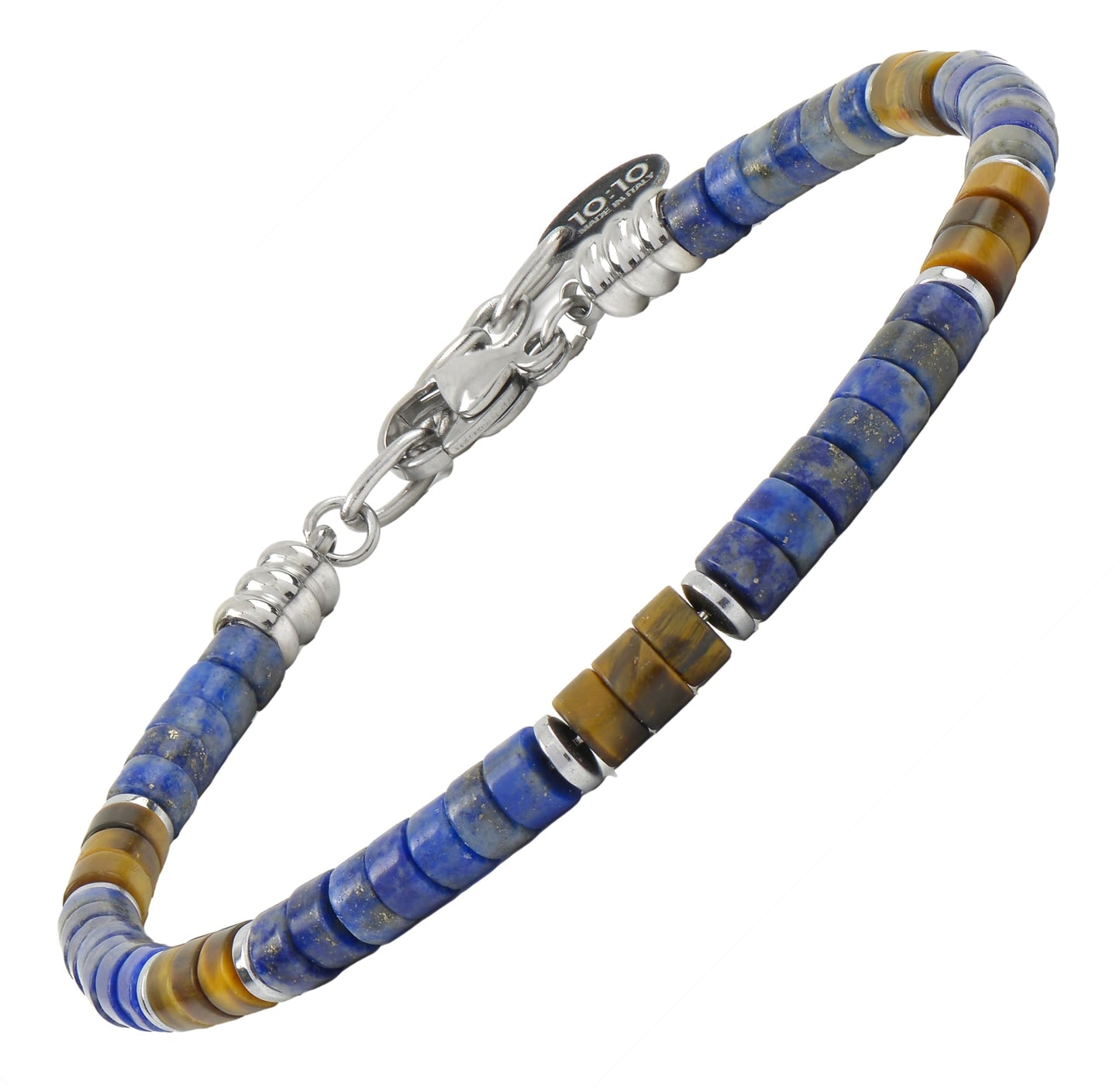 10:10 Beaded Bracelet for Men and Women – Natural Gemstone Bracelet and Stainless Steel – Adjustable, Durable and Elegant – Made in Italy (Lapis Lazuli - Tiger's Eye)