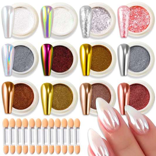 12 Jars Chrome Nail Powder Kit, White Pearl Chrome Nail Powder Metallic Mirror Effect Pigment Holographic Dip Powders & Opal Nails Chunky Glitter Flakes for Home DIY Salon Use